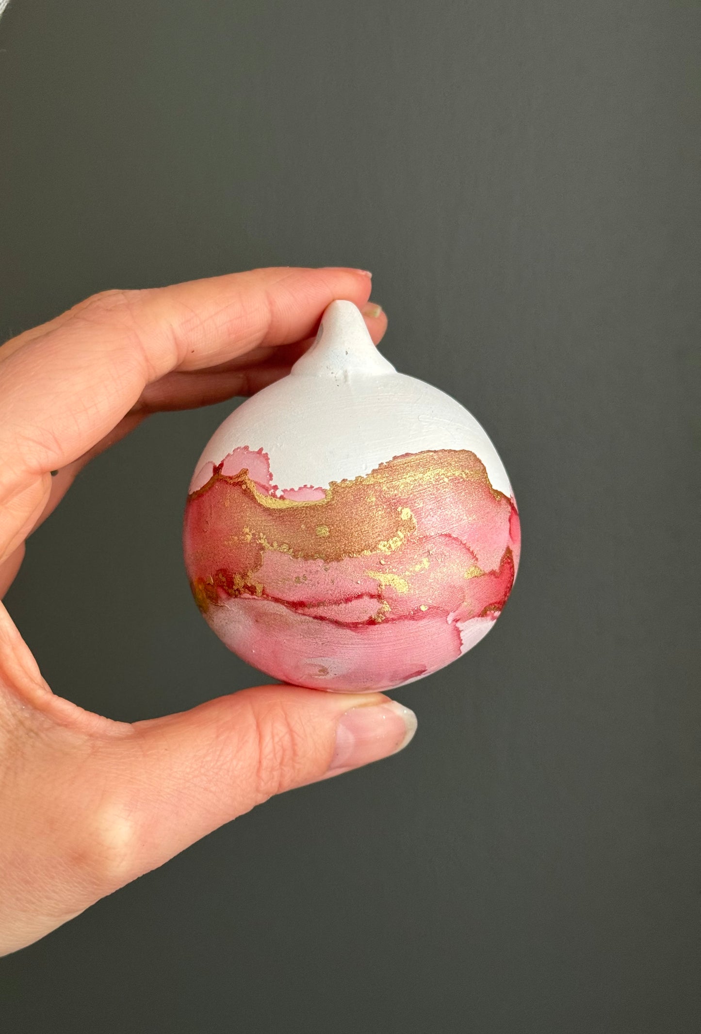Hand painted Christmas Bauble pink and gold band