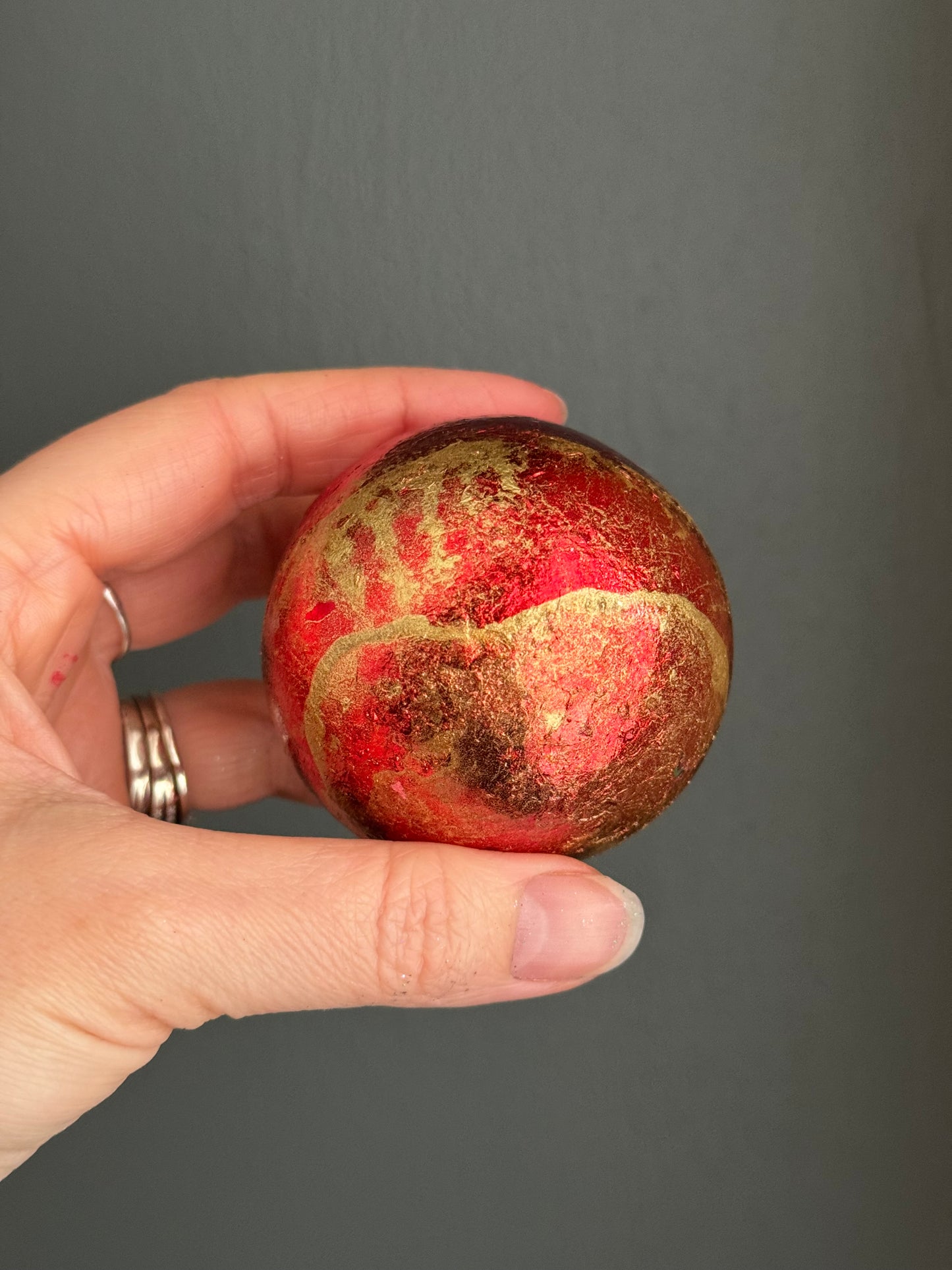 Christmas Bauble red and gold leaf and paint band