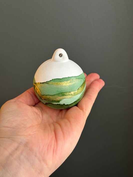 Hand painted Christmas Bauble green and gold band