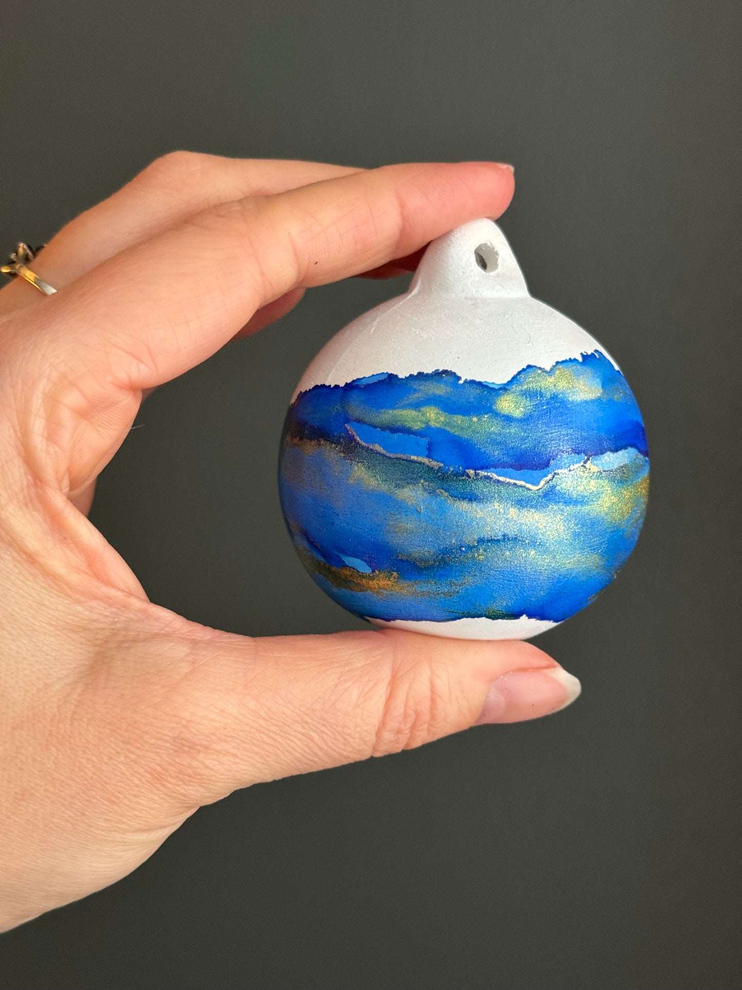Hand painted Christmas Bauble blue and gold band