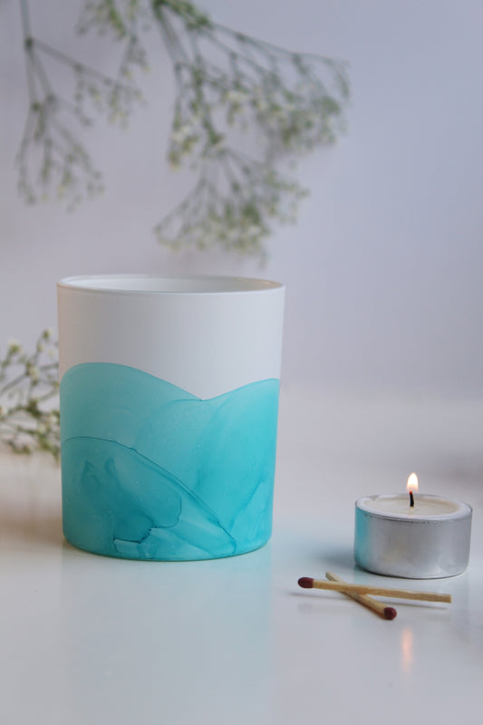 Teal hand painted glass pot