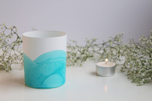 Teal hand painted glass pot
