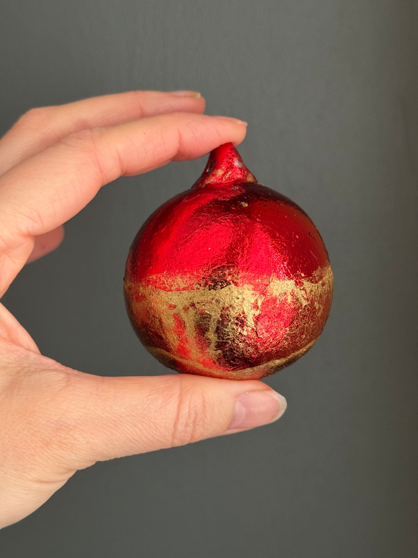 Christmas Bauble red and gold leaf and paint band