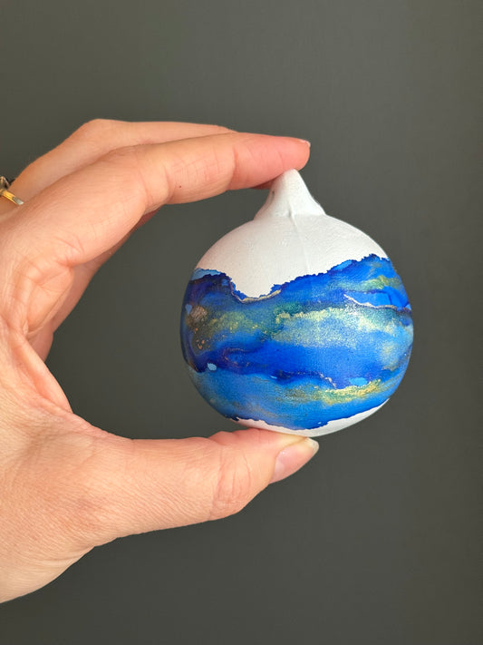 Hand painted Christmas Bauble blue and gold band