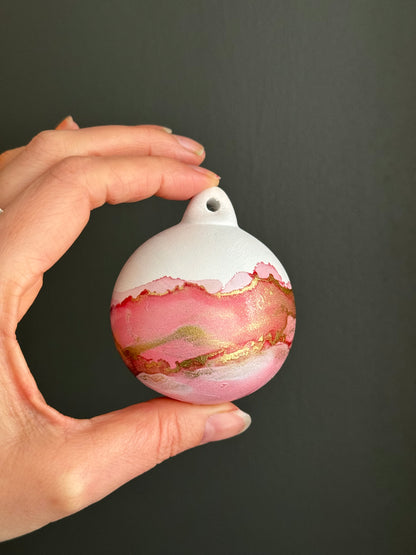 Hand painted Christmas Bauble pink and gold band