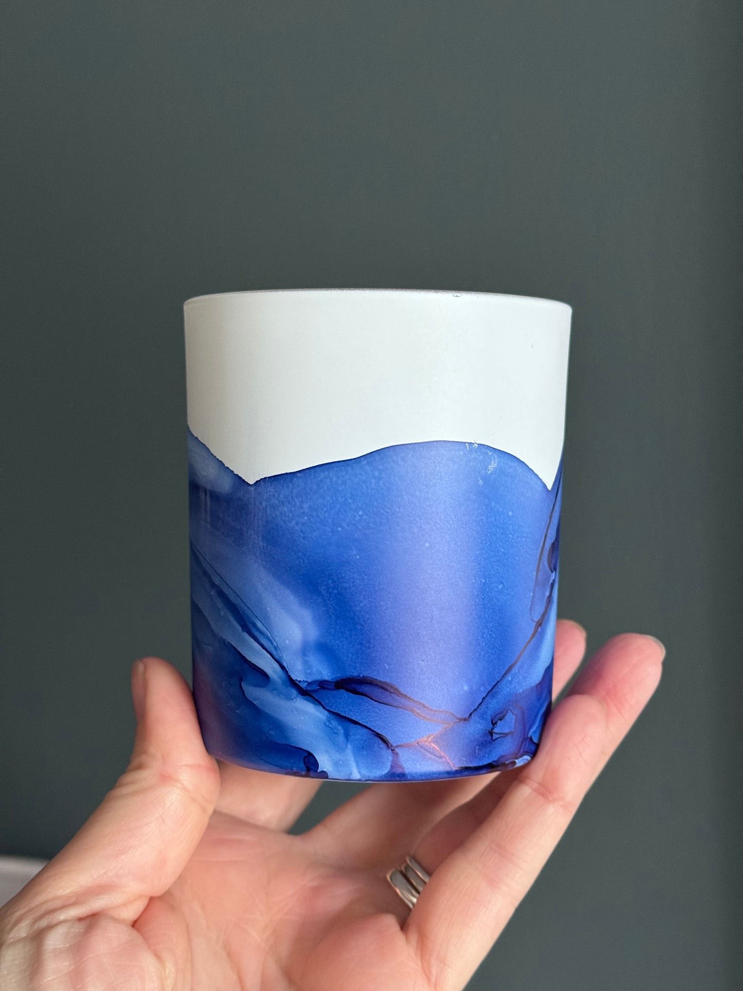Blue hand painted glass pot