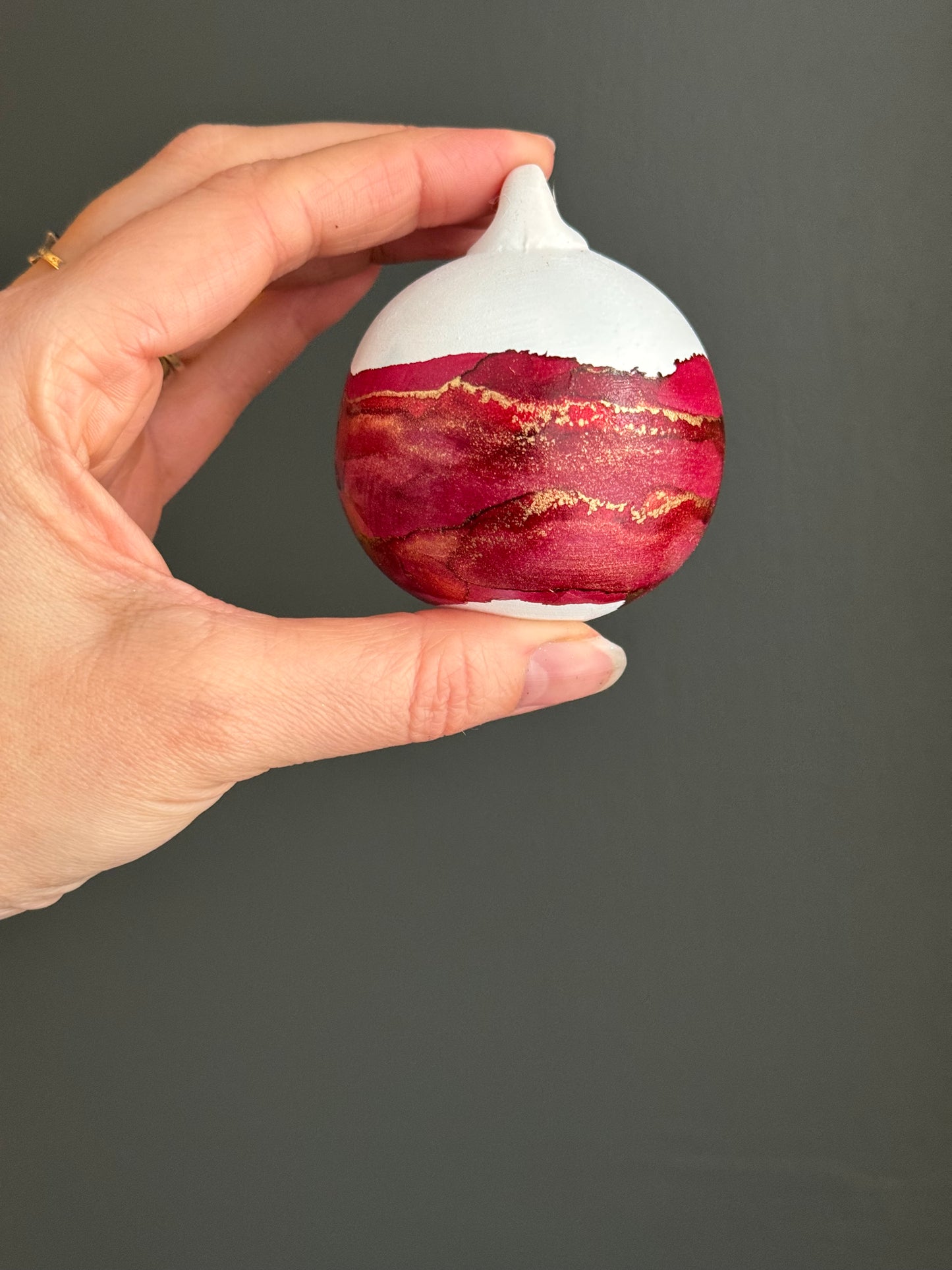Hand painted Christmas Bauble red and gold band