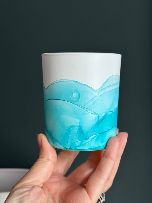 Teal hand painted glass pot