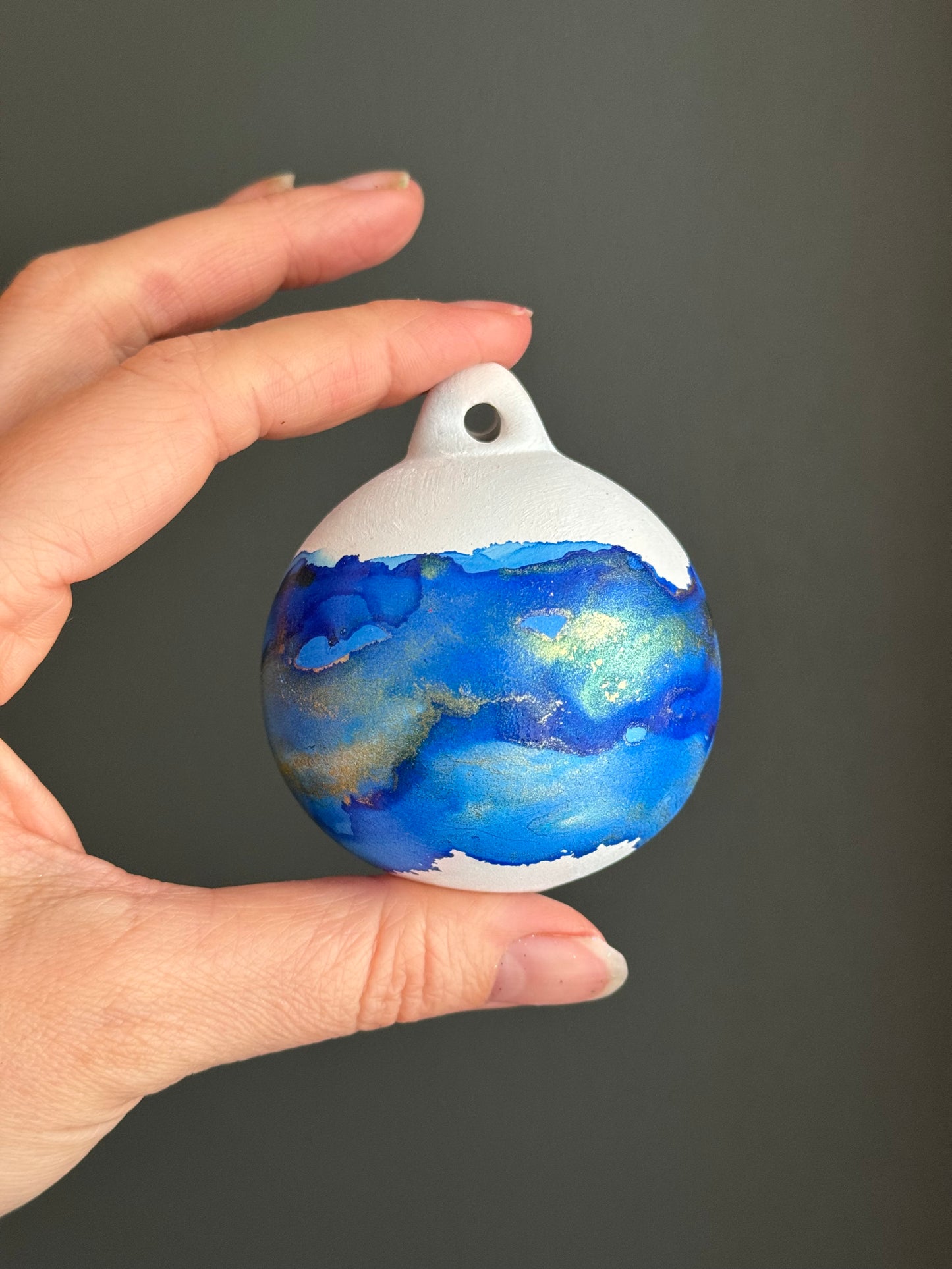 Hand painted Christmas Bauble blue and gold band