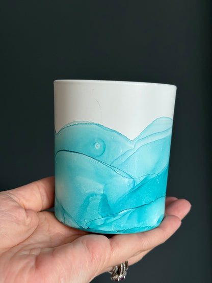 Teal hand painted glass pot