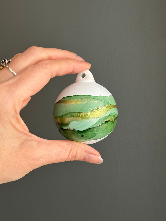 Hand painted Christmas Bauble green and gold band